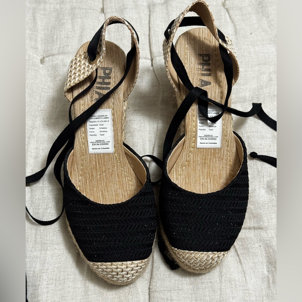 Black and Tan Espadrille Flats with Ankle Ties